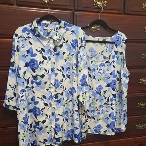 Woman Within White With Blue Floral Button Down 3/4 Sleeve Shirt and Tank Set